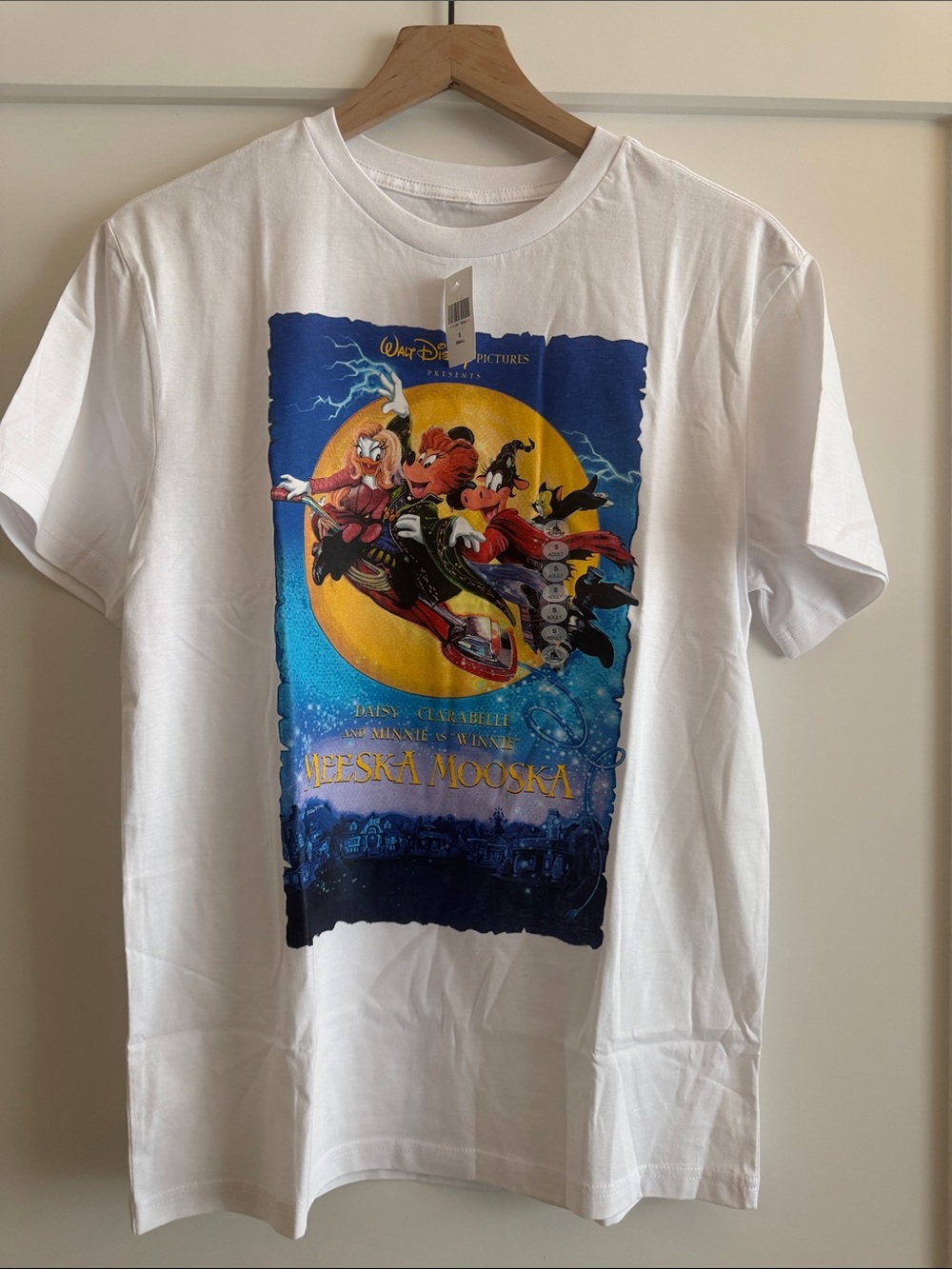 Disney White Tee with Colorful Cartoon Motorcycle Graphic